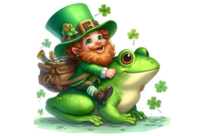 Cheerful leprechaun rides a frog