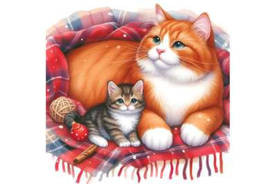 A kitten and a big red cat on a plaid blanket