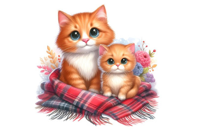 A kitten and a big red cat on a plaid blanket