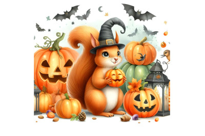 Funny squirrel and pumpkin