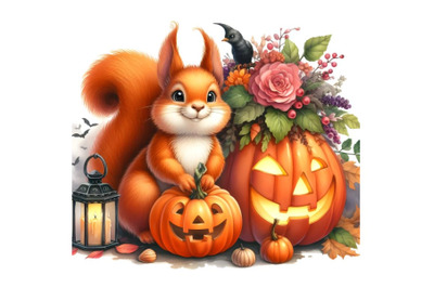 Funny squirrel and pumpkin