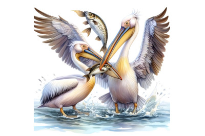 Two pelicans and a fish in its beak