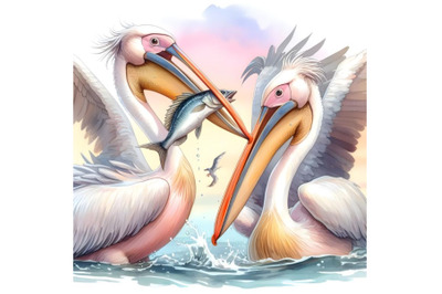 Two pelicans and a fish in its beak