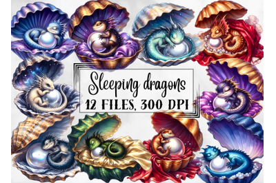 Sleeping dragons in seashells clipart