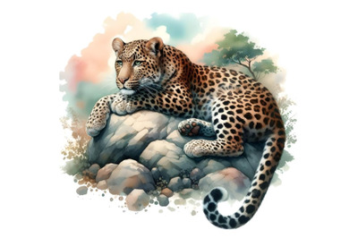 The leopard is lying on a rock