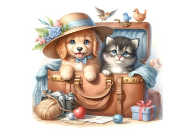 Kitten and puppy travel in a bag