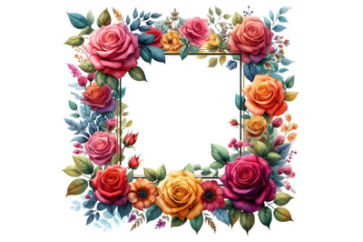 frame is adorned with vibrant roses and leaves