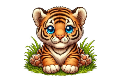 a small tiger cub sitting on top of some grass