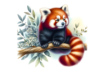 Red panda sits on a branch