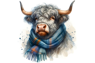 Shaggy bull with big horns in a scarf