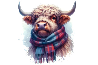 Shaggy bull with big horns in a scarf