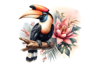 hornbill sitting and flower