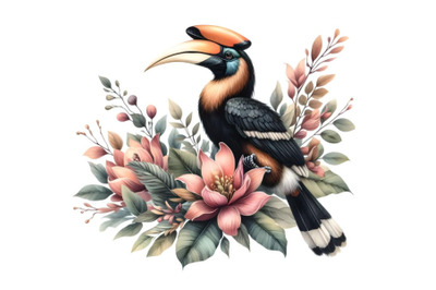 hornbill sitting and flower