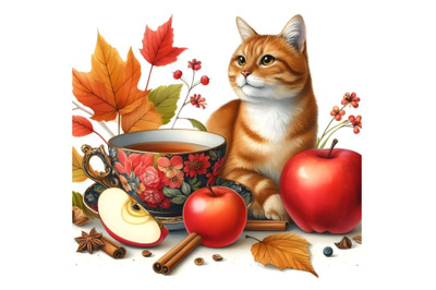 Red cat&2C; tea&2C; apple and autumn leaves