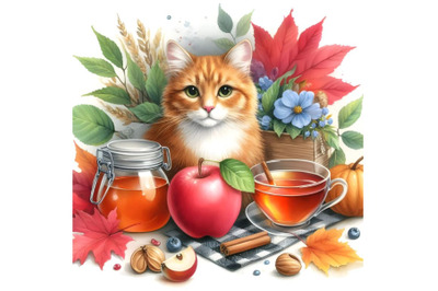 Red cat, tea, apple and autumn leaves