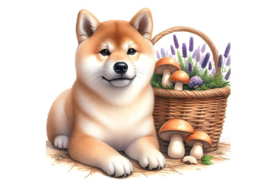 Dog Shiba Inu and a basket of mushrooms