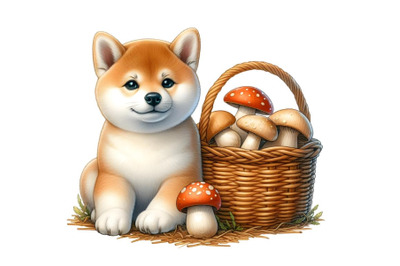 Dog Shiba Inu and a basket of mushrooms