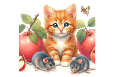 Red kitten, mice and small apples