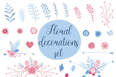 Set of floral decorations in modern pink and blue color