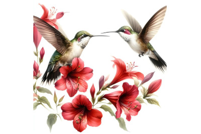 Hummingbirds and red flowers