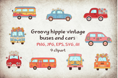 Groovy hippie vintage buses and cars