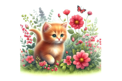 Red kitten and garden flowers