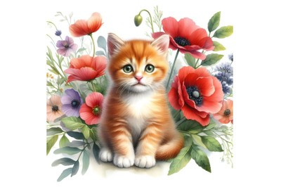 Red kitten and garden flowers