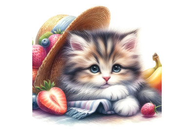 A fluffy kitten and a hat with fruit