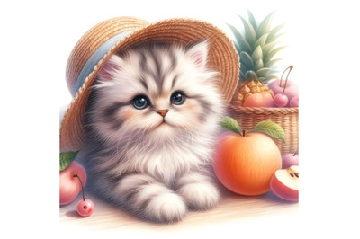 A fluffy kitten and a hat with fruit