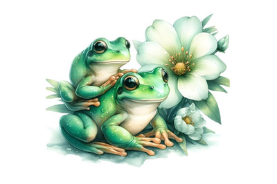 Two green frogs sitting on a flower