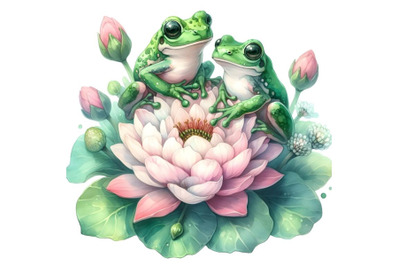 Two green frogs sitting on a flower