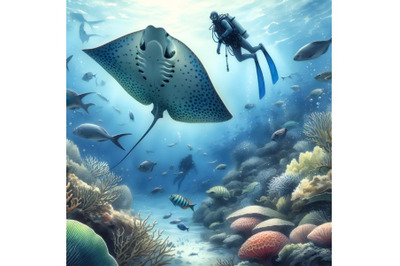 Sea stingray and diver