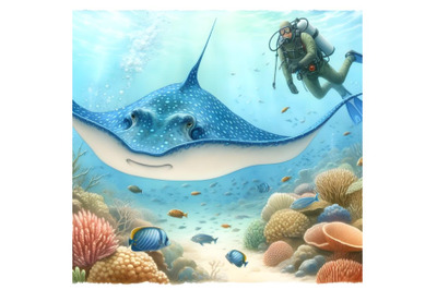 Sea stingray and diver