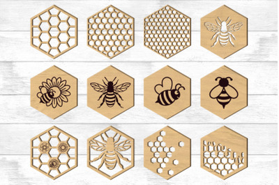 Bee Hexagonal Coasters Trivet Laser Cut Templates SVG, Home Decor.