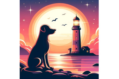 A dog  setting near a lighthouse