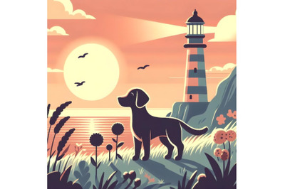 A dog  setting near a lighthouse