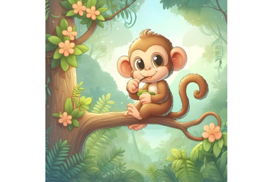 Cute young monkey sitting on branch