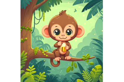 Cute young monkey sitting on branch