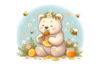 cute bear eats honey