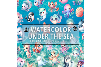 cute under the sea animals watercolor clip art bundle, sea animals cli