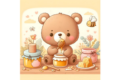 cute bear eats honey