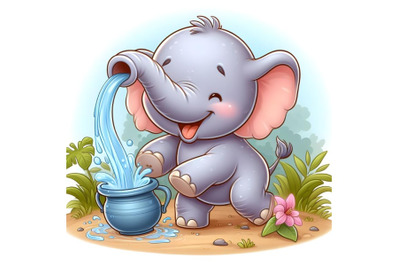 cheerful elephant pours water