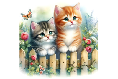 Two kittens sitting on the fence