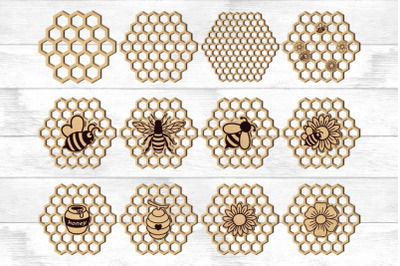 Bee Hexagonal Coasters SVG, Bee Coasters &nbsp;Beehive Laser Cut Files.