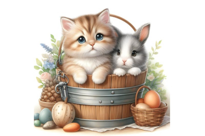 Rabbit and kitten in a bucket