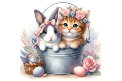 Rabbit and kitten in a bucket