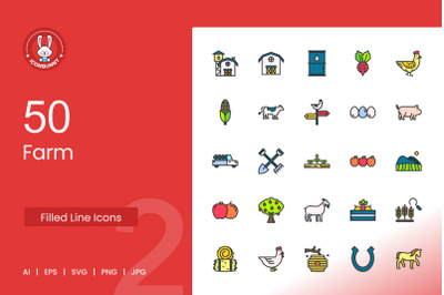 50 Farm Filled Line Icons