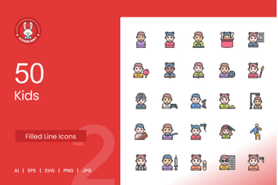 50 Kids Filled Line Icons