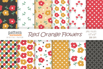 Red Orange Flowers Digital Paper - Flowers Pattern - BX002A
