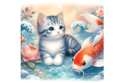 Kitty and Japanese koi fish